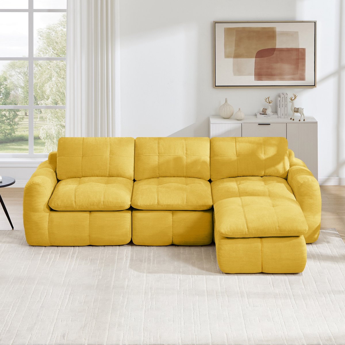 Wishdor Hoekbank - 3-zits modulaire bank met ottoman - Chenille bekleding en 32D schuim - Zacht zitcomfort - Woonkamer appartement - Geel - 264 x 160 x 68 cm
