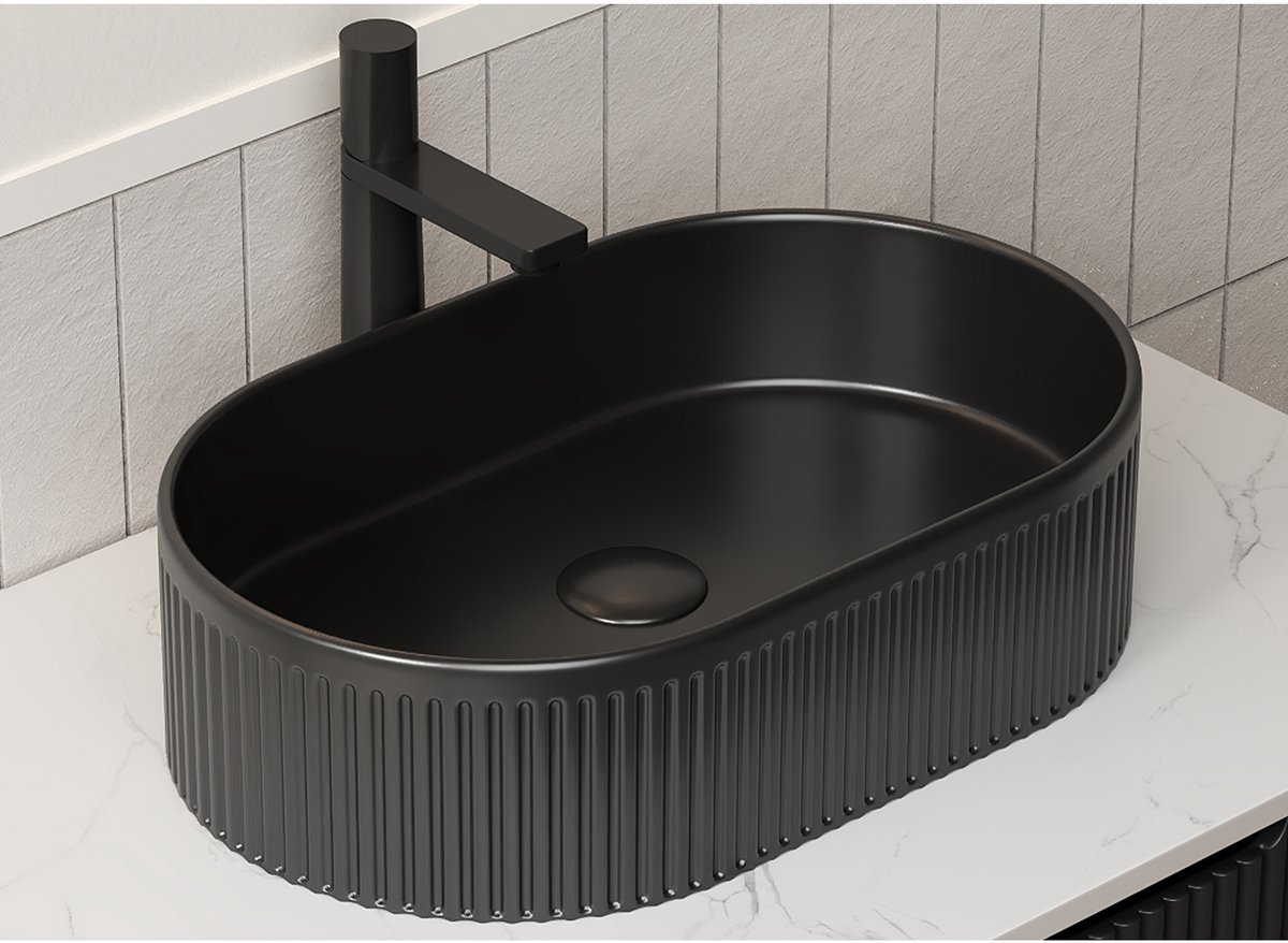 Wastafel Keramiek Met Strepen 62 x 46 x 25 cm Mat Zwart Opbouwmontage Voor Moderne Badkamers Met 1 Kraangat