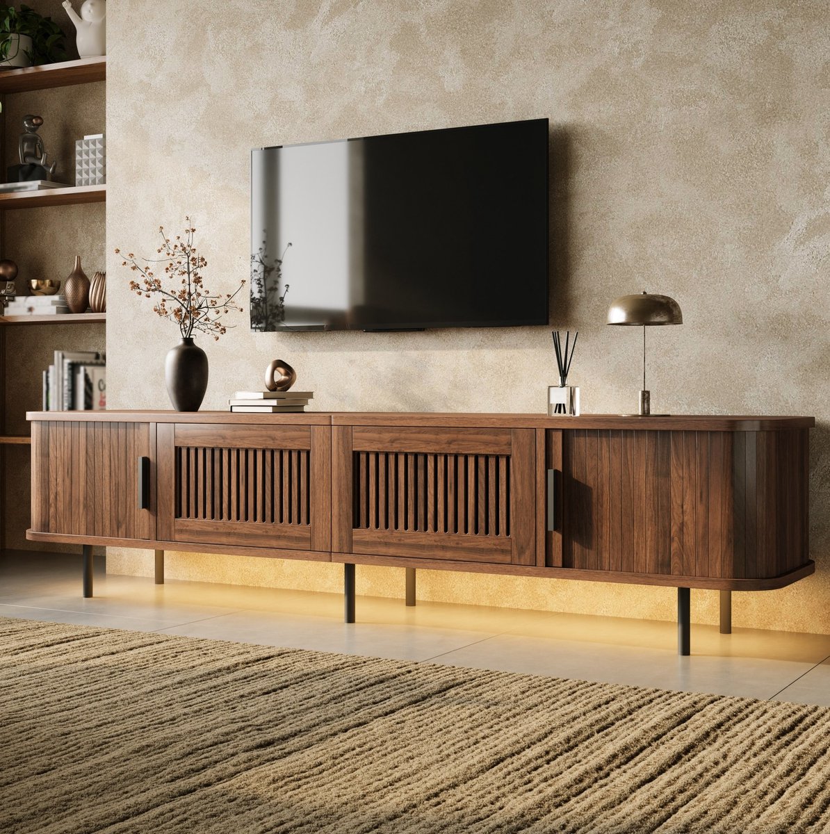 MODENUIT TV-meubel - Met Schuifdeuren En Lades - Voor Woonkamer - MDF, Spaanplaat En IJzer - Walnoot - 180 Cm