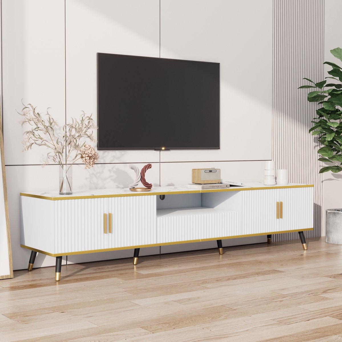 MODENUIT TV Meubel - 2 Deuren En 1 Lade - Voor Woonkamer En Thuisbioscoop - Spaanplaat - Wit - 200x40x46 Cm