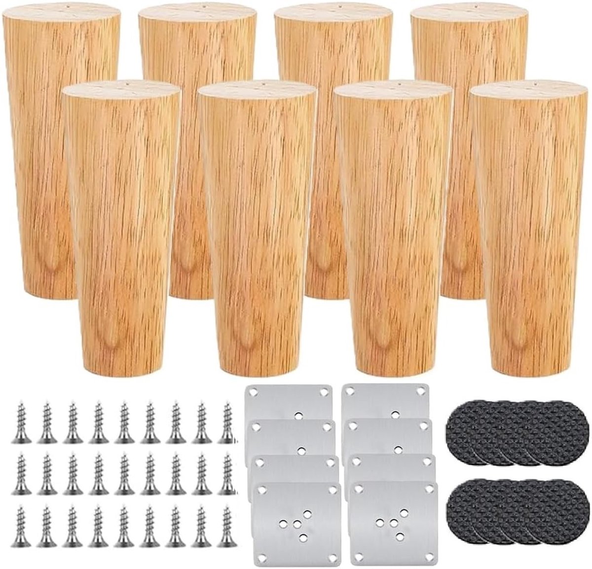 Set van 8 Conische Meubelpoten van Massief Eikenhout, 10 cm Hoog met Bevestigingsplaat, Schroeven en Antislipmat voor Banken en Tafels