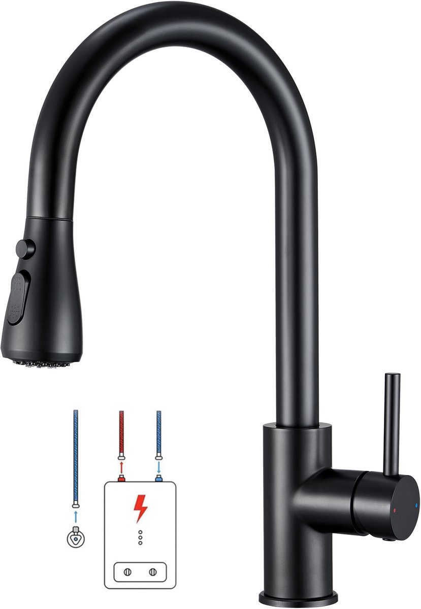 CECIPA Max Lage Druk Uittrekbare Keukenkraan - Zwarte Keukenkraan met Uittrekbare Uitloop - Handdouche - 3 Waterstraalsoorten - Keukenmengkraan
