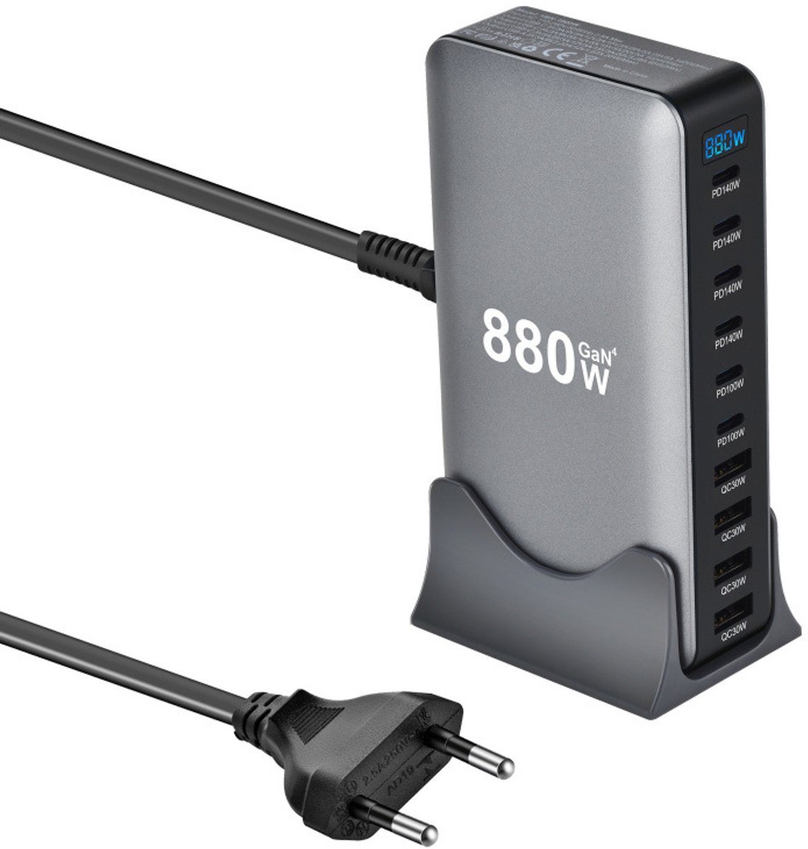 880W USB-C Laadstation, 10-Poorts GaN Snellader, Compacte Desktoplader met 140W Uitgang, Multi-apparaatlader, Geschikt voor Apple MacBook Pro/Air, iPhone 17/16/15, iPad, Geschikt voor Samsung Galaxy S26/S25, Dell en HP