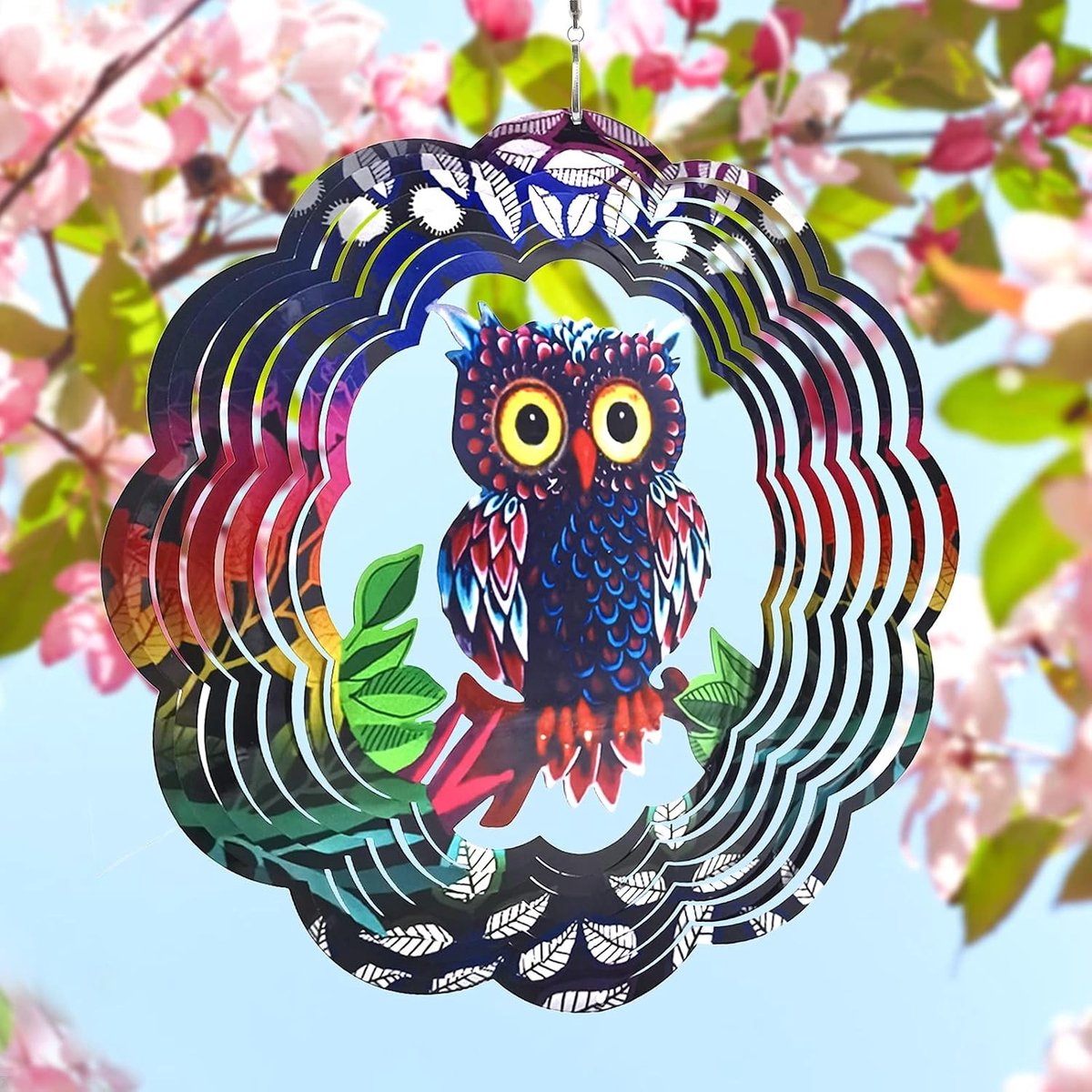Grote metalen windspinner voor de tuin - Hangende windgong met 2 muurankers en uil sculpturen (30 x 30 cm)