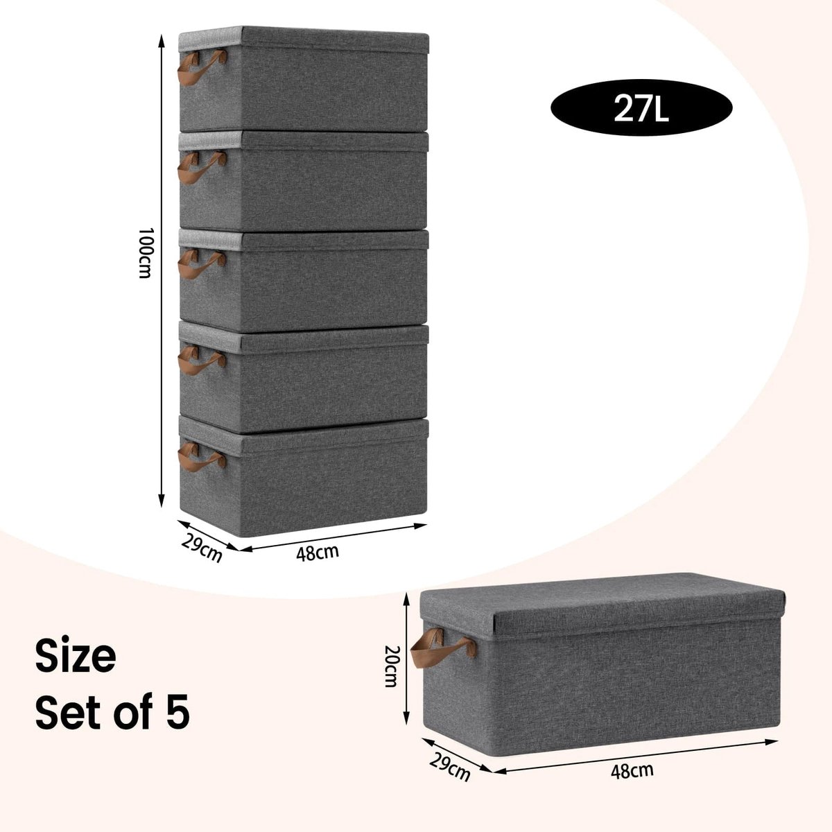 Klarven® Opbergbox Set 27l (5 stuks) - Opvouwbaar met handvaten - Ruimtebesparing voor kleding en speelgoed