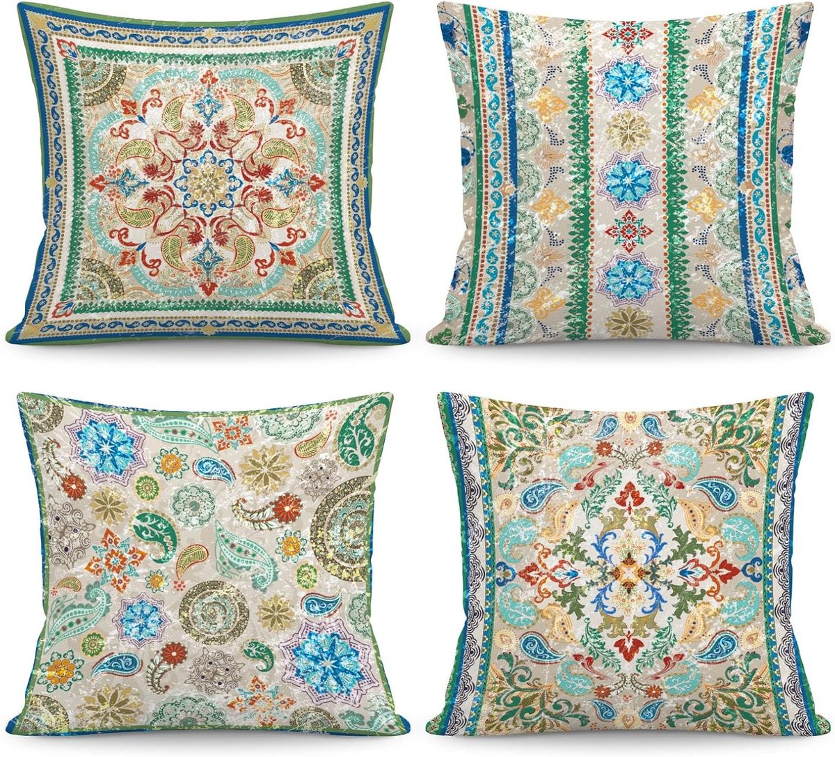 Set van 4 Kussenhoezen 45x45 cm in Marokkaanse Kleuren, Bohemian Patroon van Velvet voor Woonkamer en Slaapkamer Decoratie