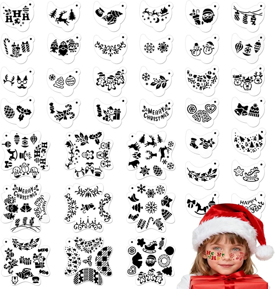 Set van 39 Herbruikbare Kerst Make-up Sjablonen voor Volwassenen en Kinderen, Inclusief Sneeuwpop en Sneeuwvlok Ontwerpen voor Feestelijke Make-up Creaties