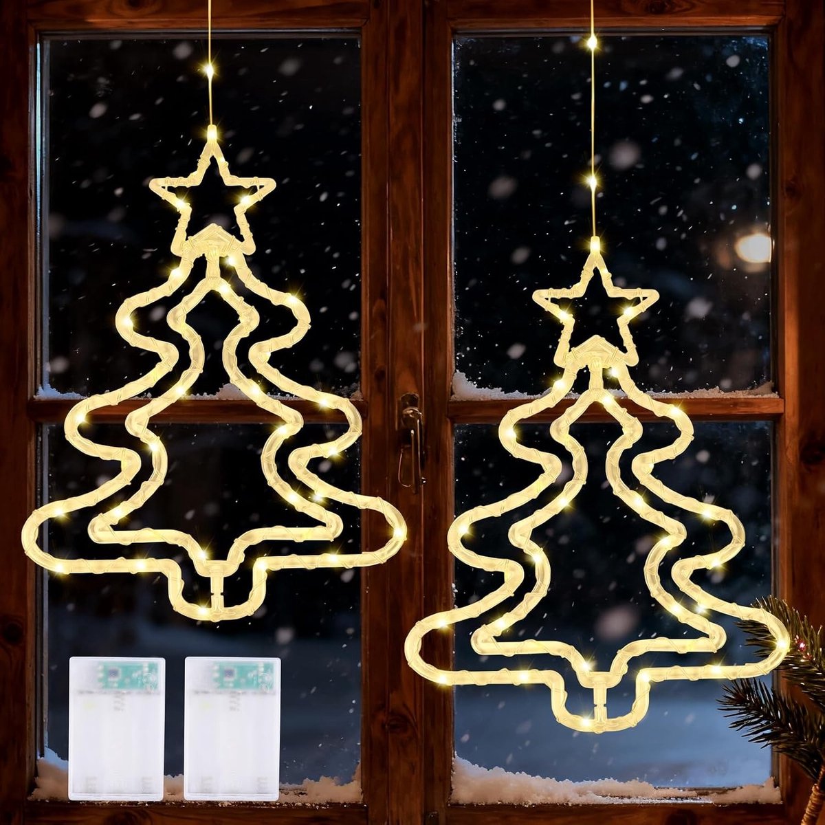 Raamdecoratie voor Kerstmis, 2 stuks, LED verlichting, batterijgevoed, draaibare kerstverlichting voor binnen, sfeervolle kerstdecoratie, feestelijke raamversiering