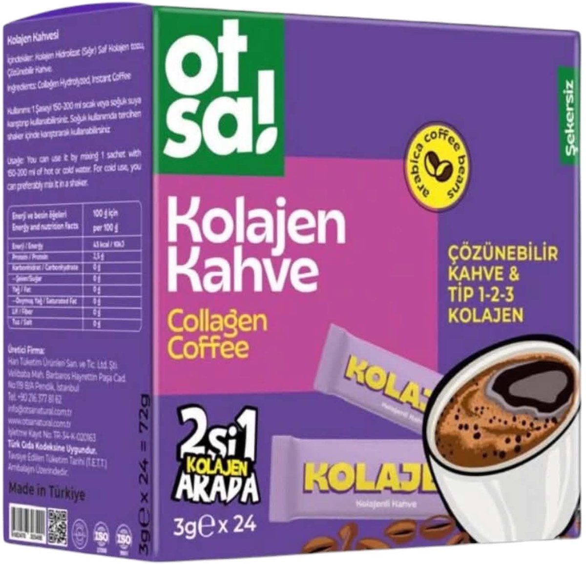 Otsa Collageen Koffie – Instant Koffie met Gehydrolyseerd Collageen – 24 Sachets x 3 g – 72 g