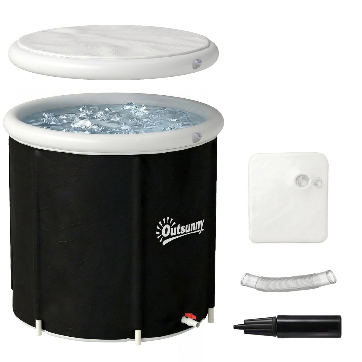 Opblaasbare - opvouwbare ijsbak van 280 liter met deksel en pomp voor training in koud water - 78x78x71 cm - zwart