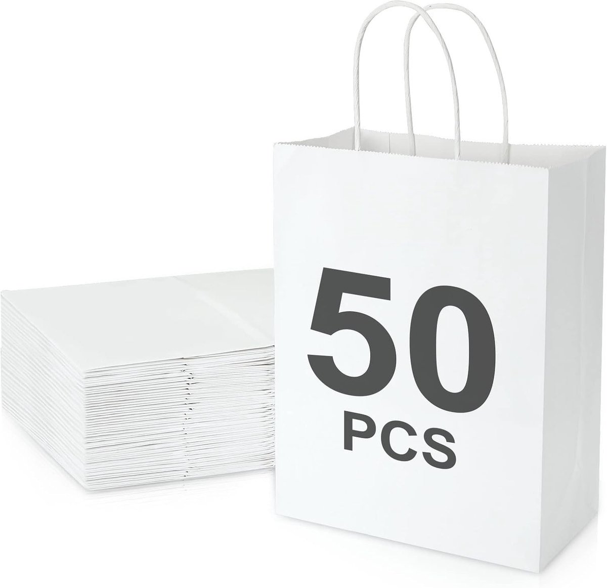 50 Stuks Witte Papieren Tassen 21x11x27cm met Handvat, Kraft Tassen voor Verjaardagsfeesten, Kerst, Cadeauverpakking en Winkelen