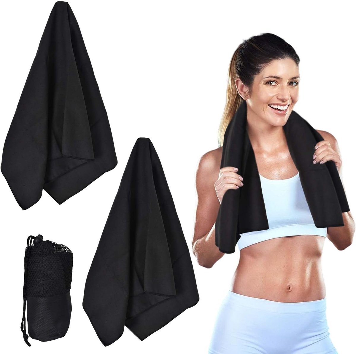 Set van 2 Sneldrogende Microvezel Sporthanddoeken, Absorberend en Compact voor Fitness, Yoga en Reizen, 80 x 40 cm met Opbergtas