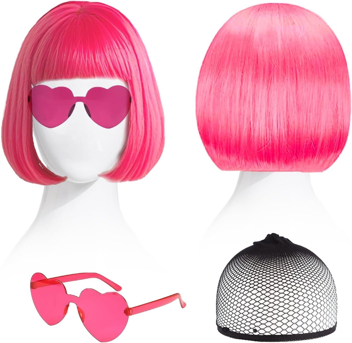 Drie-delige Cabaret Pruik met Medium Lengte Bob, Hoed en Zonnebril voor Themafeesten en Carnavalskostuums in Roze, One Size