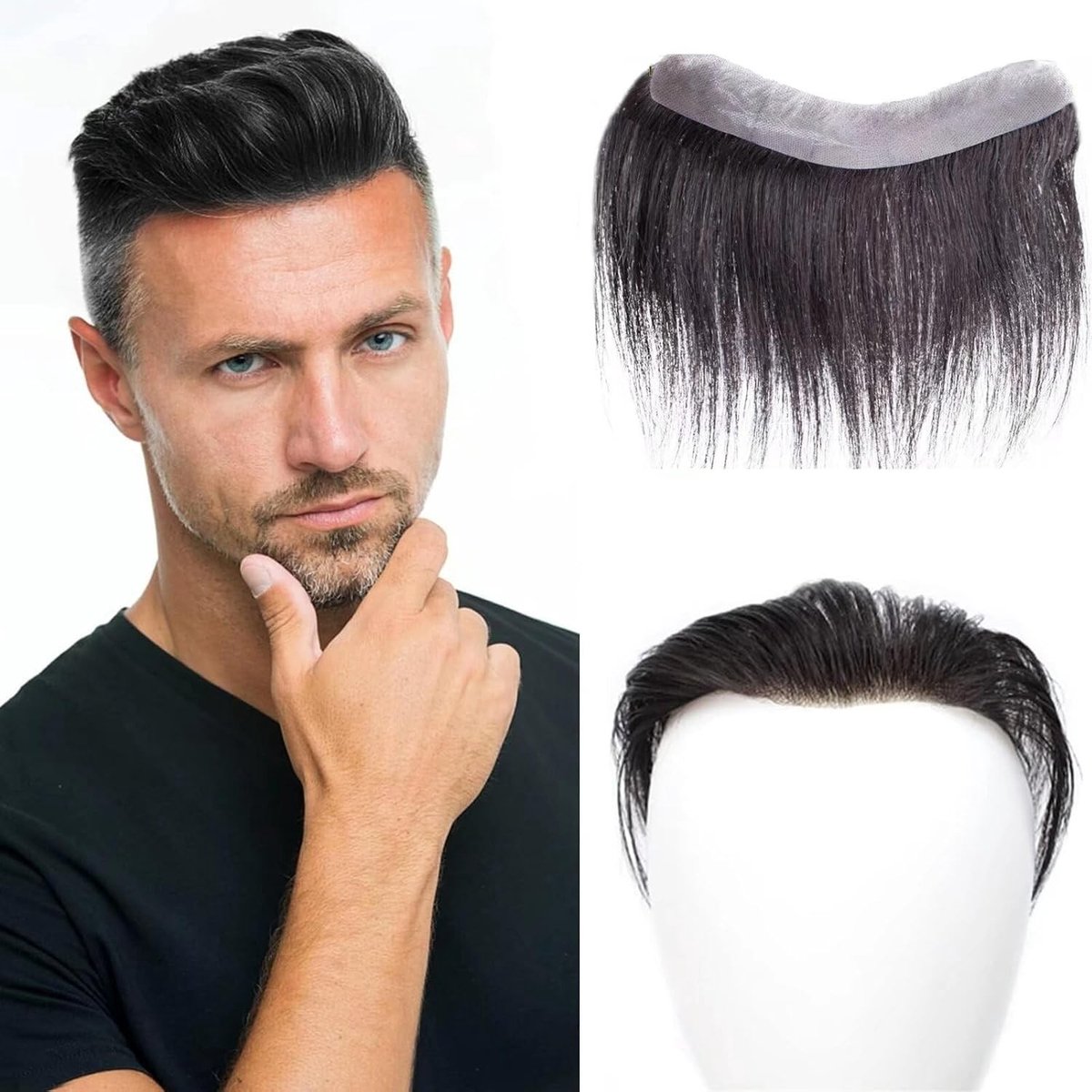 V-Shape Brazilian Virgin Human Hair Toupee voor Mannen, Natuurlijke Haarlijn, Dunne Huid Haarstukken, Haarvervanging Systeem (2.5x16.2cm)