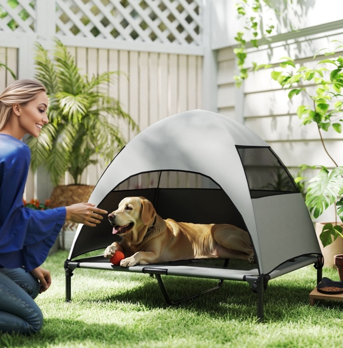 MODFU - Dierenbank - Verhoogd Hondenbed Met Dak - Outdoor - Polyester - Lichtgrijs