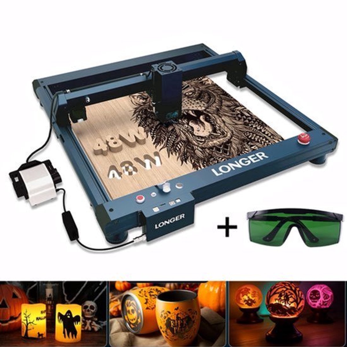 Laser Graveermachine 48 W - 450x450 mm Werkoppervlak - 40 mm Lindehout Snijden - CNC Graveur - Met Luchtpomp Assist Kit