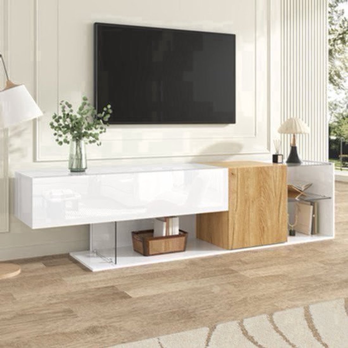 TV-meubel – TV-kast – Mediameubel – Entertainmentmeubel – Salontafel – Hoogglans Wit – 180 cm Breed – Glasplanken – Minimalistisch Design