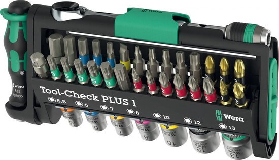 Wera Tool-Check PLUS 1: een bitopslag met ratel, schroefbits in verschillende maten en kleuren, en doppen.