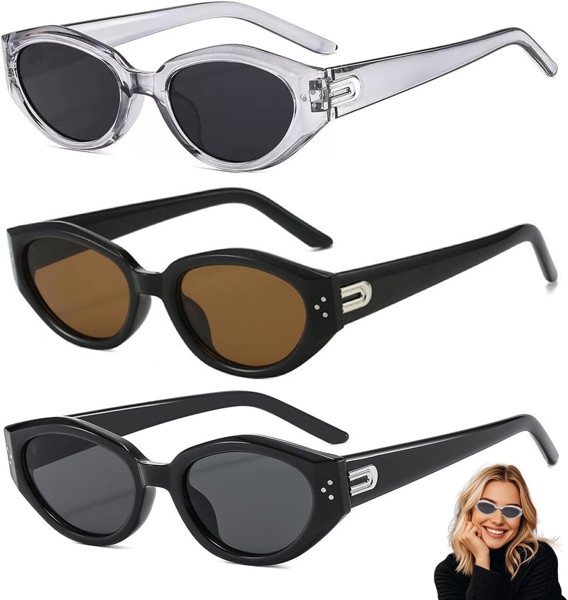 Zonnebrillen voor Dames - 3 Delige Set met Retro Kat-Oog Design, UV Bescherming en Kleine Frame Opties in Zwart, Grijs en Bruin