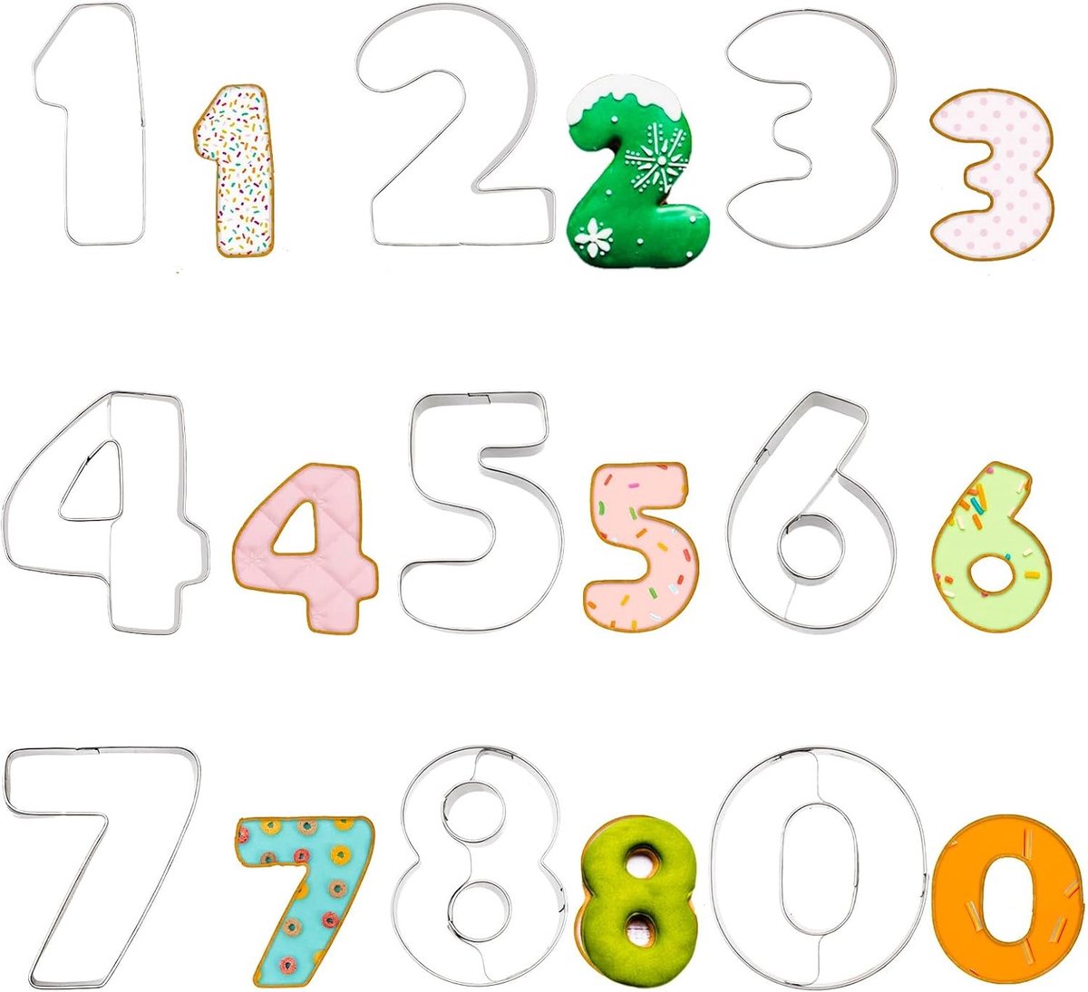 Set van 9 roestvrijstalen koekjesvormpjes met cijfers 0-9 voor taarten en desserts decoratie