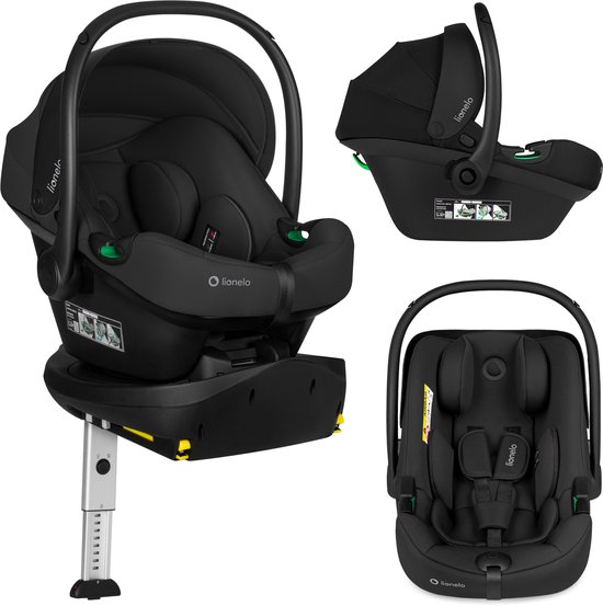 Zwarte autostoel met ISOFIX base, steunpoot en een losse autostoel, voor en zijaanzicht.
