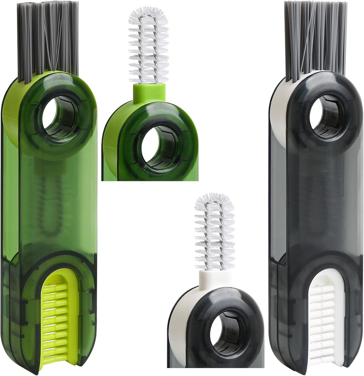 2 stuks Reinigingsborstels voor waterflessen, 3-in-1 reinigingsborstels voor openingen, deksels van bekers, multifunctionele reinigingsgereedschappen voor openingen van thermosbekers (grijs, groen)
