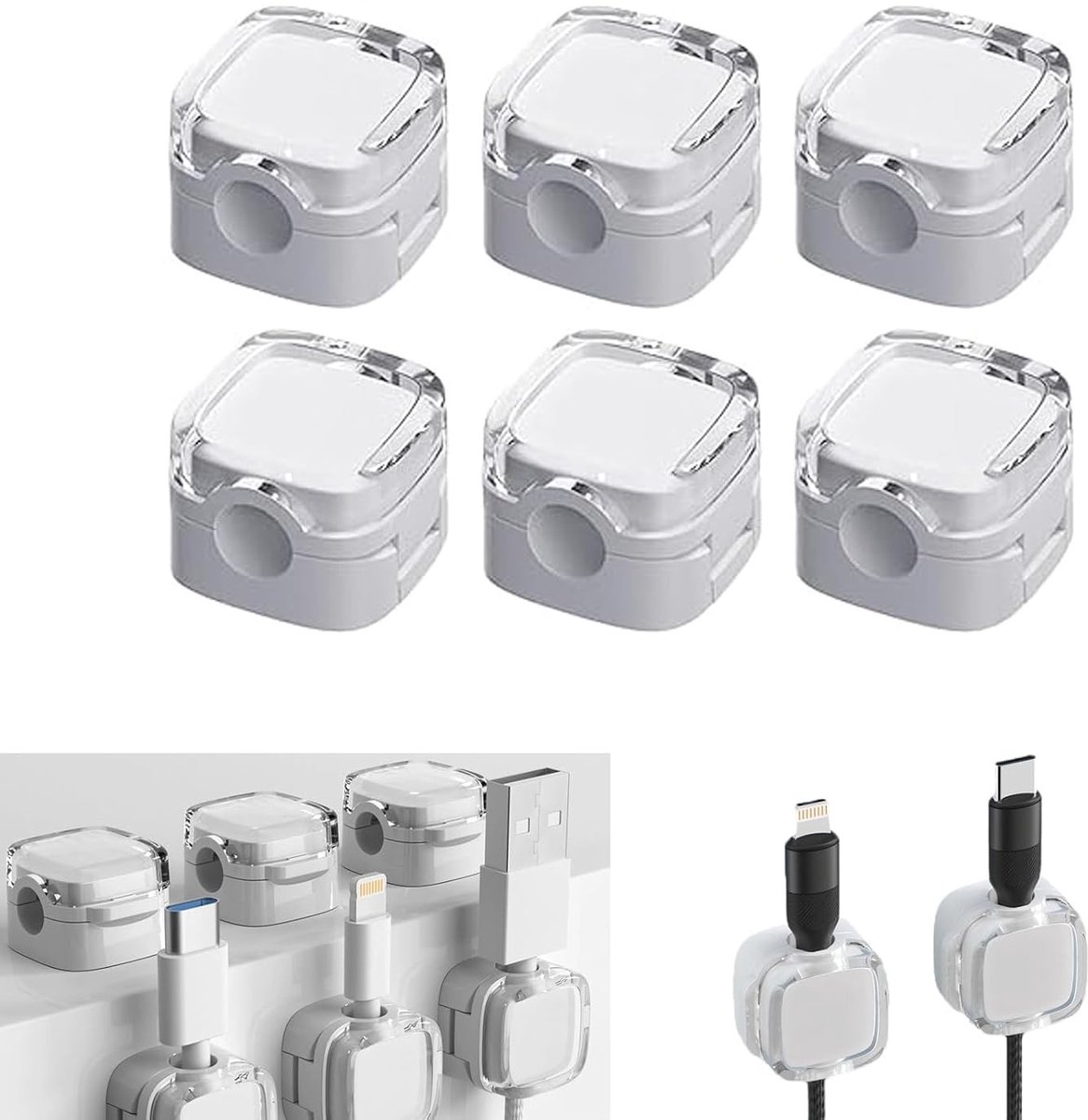 Magnetische Kabelklemmen Set van 6, Ideale Kabelorganizer voor Bureau en Nachtkastje, Houdt Oplaadkabels, HDMI en USB Kabels Netjes en Geordend, Wit