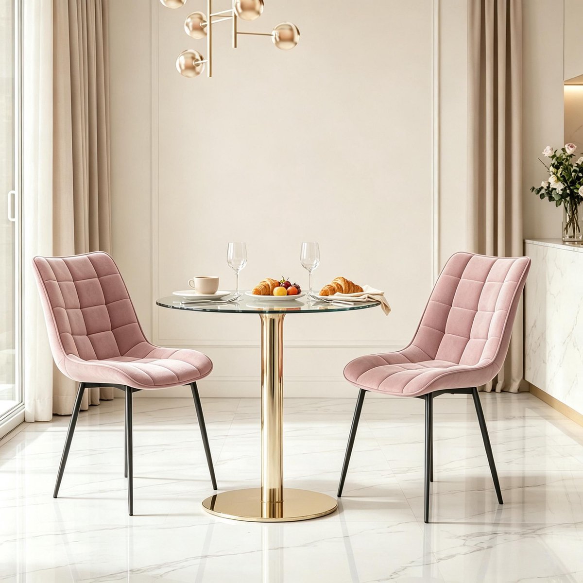 REDOM - Eetkamerstoel - Set van 2 - Velvet bekleding - Gewatteerde zitting - Metalen onderstel - Moderne stijl - Eetkamer en kantoor - Roze - 85,5 cm hoog