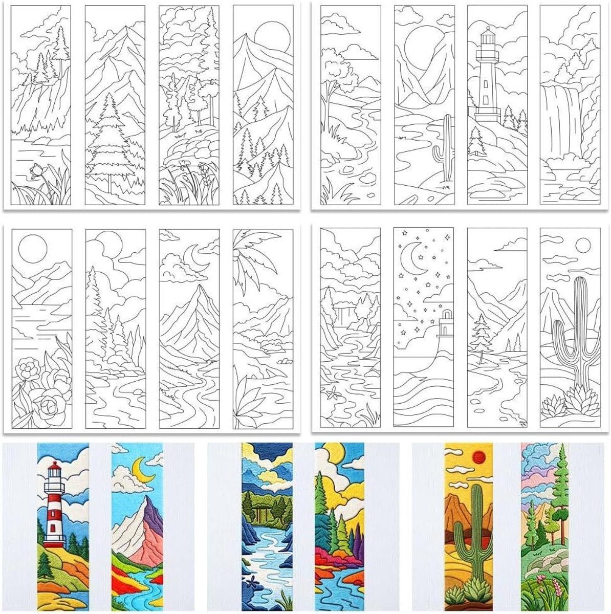 4 Bladen Wateroplosbare Borduurpatronen Stabilizers - 16 Voorafgedrukte Landschapsboekmerken - Stick & Stitch Borduurpapier voor Handwerk Enthousiastelingen en Creatieve Projecten