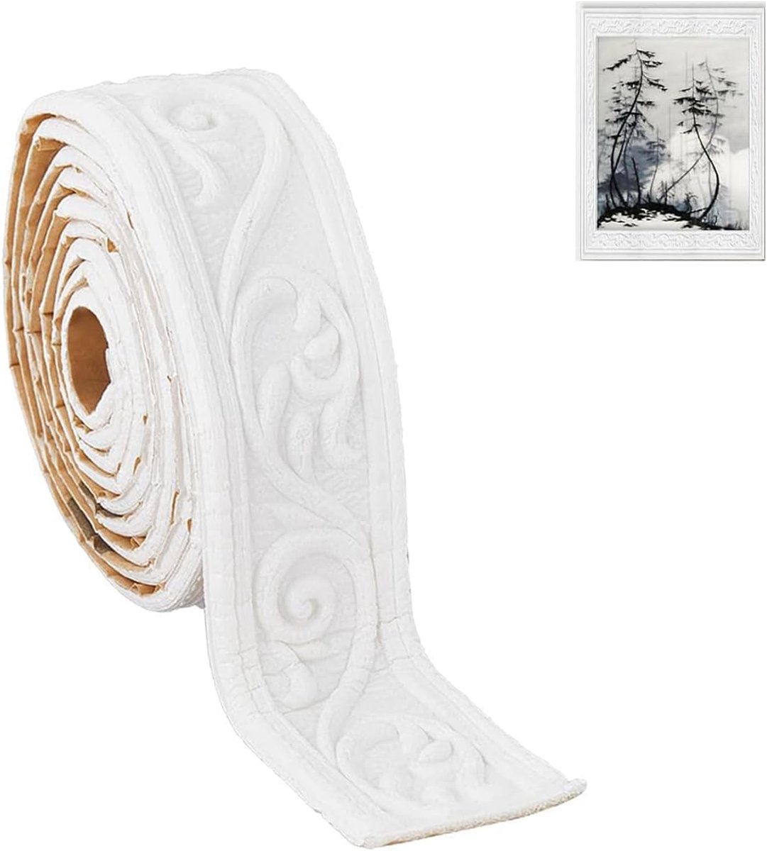 Decoratieve 3D Stucco Moulding voor Wanden, Zelfklevende Rolrand, Waterdicht en Ideaal voor Hoeken en Plafonddecoratie, 10 m x 8 cm x 4 mm, Wit