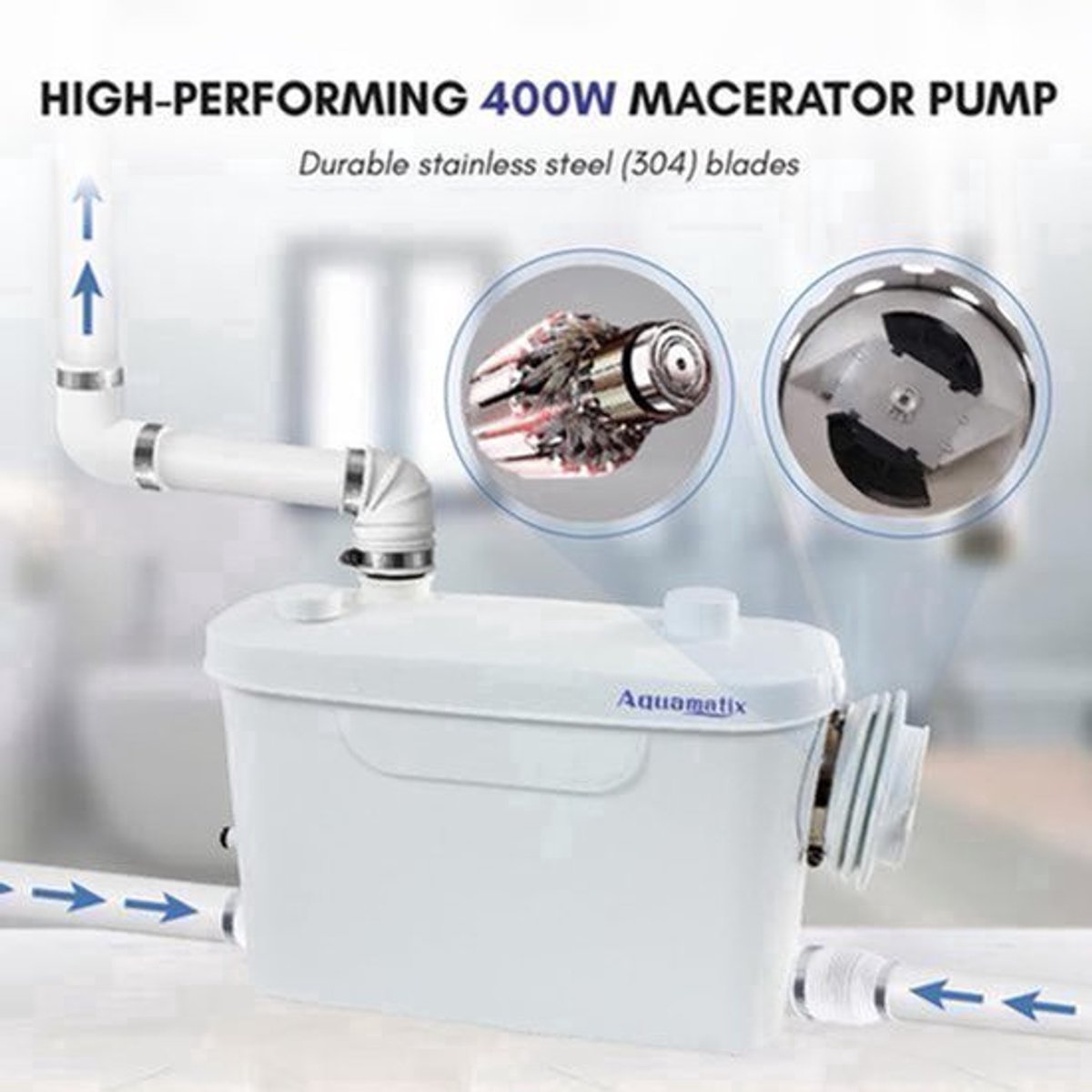 Maceratorpomp – Sanitaire Pomp – Rioolpomp – Afvoerpomp – Hefinstallatie – 400W Vermogen – 100L/min Debiet – 3 Inlaten – Koolstoffilter – Fluisterstil – Hittebestendig