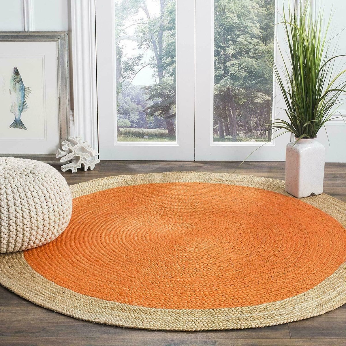 Vloerkleed - 60 x 60 cm - Rond - Jute - Oranje en Beige