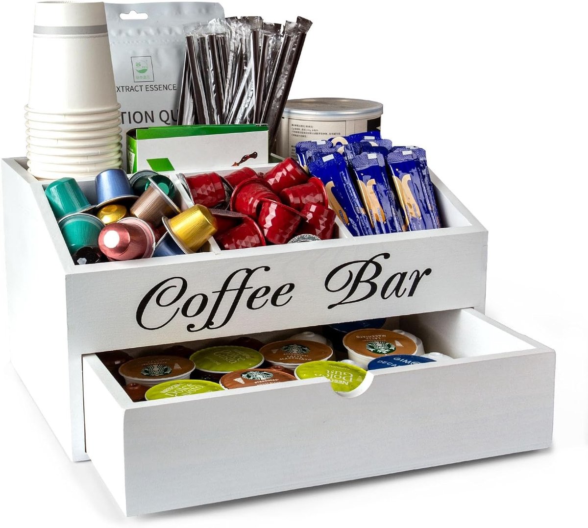 Koffie Organiser voor Opberging van Koffiepads, Theezakjes en Suikersticks in Lades, Ideaal voor Keuken en Koffiebar