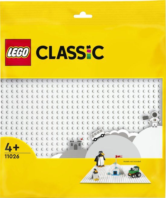 Emballage avec plaque de base LEGO Classic blanche, avec image d'un paysage hivernal avec des pingouins.