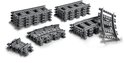 LEGO treinrails: 4 rechte, 8 bocht-, 8 flexibele rails en wisselstukken.
