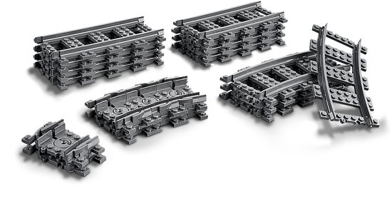 LEGO treinrails: 4 rechte, 8 bocht-, 8 flexibele rails en wisselstukken.