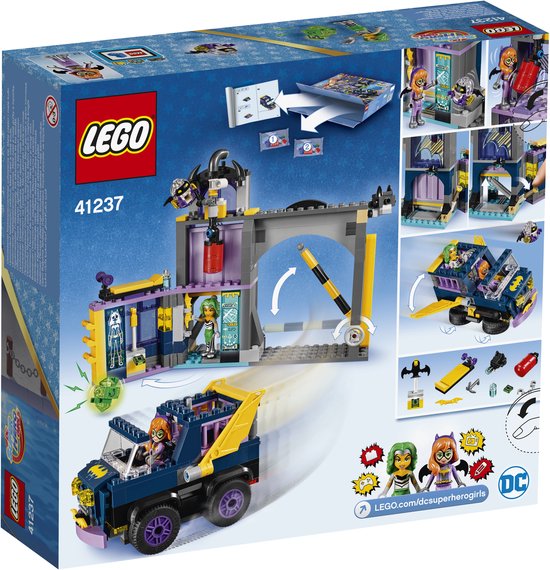 LEGO DC Super Hero Girls 41237 Batgirl™ geheime bunker, achterkant van de verpakking met productdetails en afbeeldingen.
