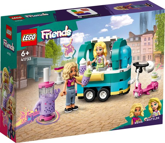 LEGO Friends bubbelthee kar speelgoedset 41733 verpakking, met Nova, Matilde, scooter en bubbelthee-figuur.