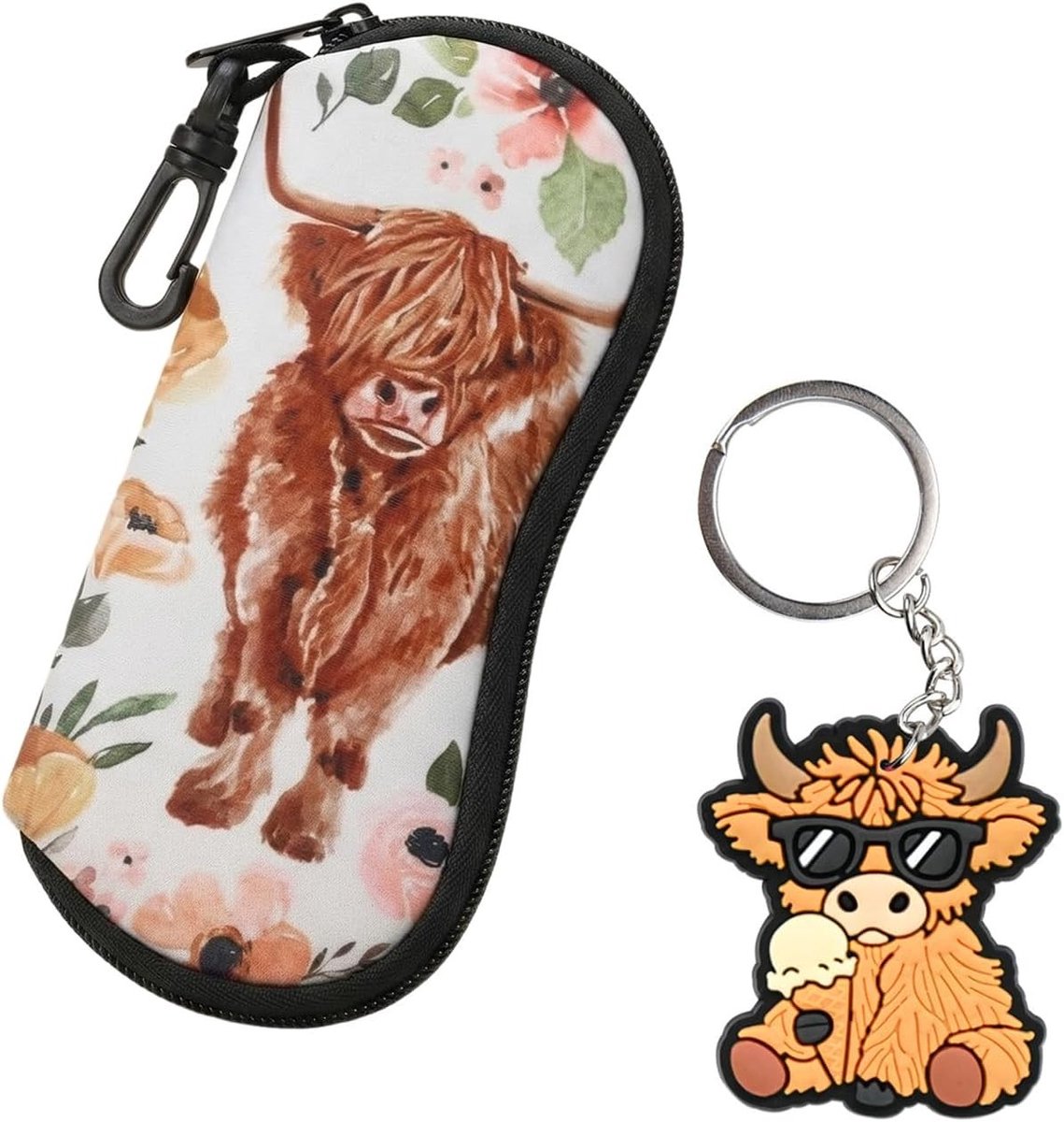 Opbergdoos met Highland Cow Patroon en Sleutelhanger, Harde Bescherming voor Brillen, Handig en Lichtgewicht voor Thuis en Op Reis