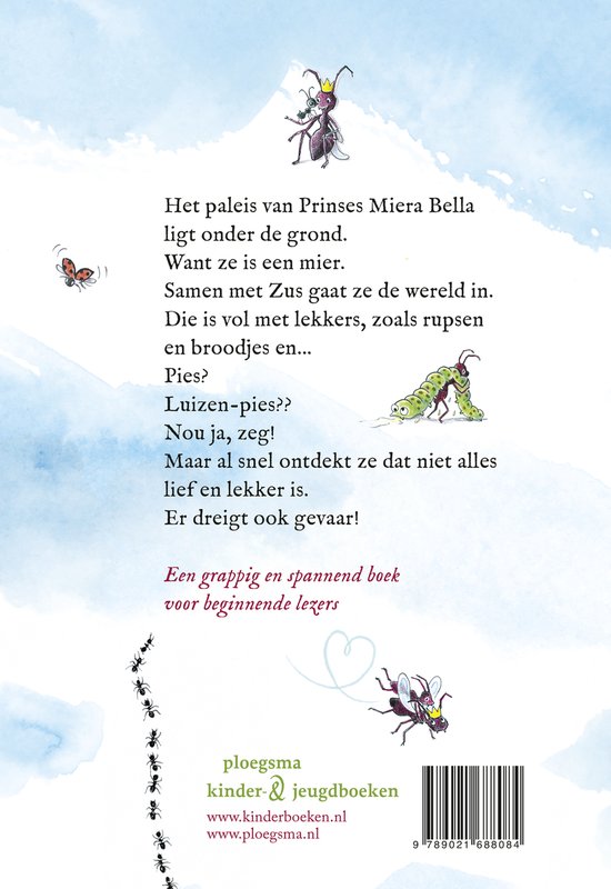 Boekomslag achterkant met tekst over prinses Mier, lieveheersbeestjes, rups en mieren.