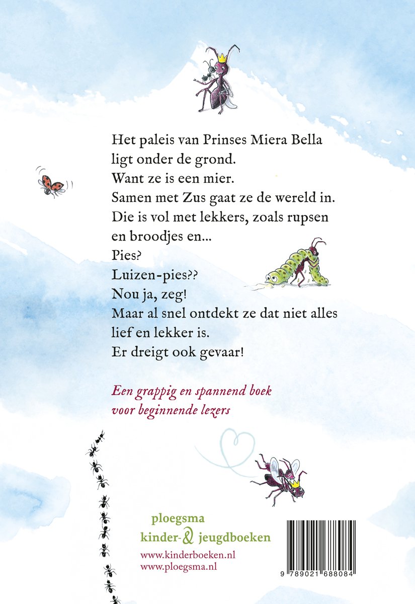 Boekomslag achterkant met tekst over prinses Mier, lieveheersbeestjes, rups en mieren.