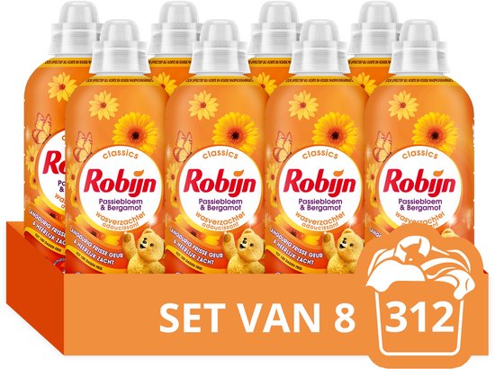Set van 8 flessen Robijn wasverzachter, passiebloem en bergamot geur. Oranje met bloemen en vlinders.