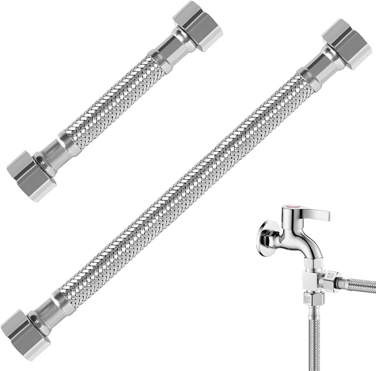 Set van 2 Flexibele RVS Slangen 1/2 Inch voor Waterafvoer - Ideaal voor Badkamer, Keuken en Toilet - Duurzaam en Bestand tegen Scheuren (20cm/10cm)