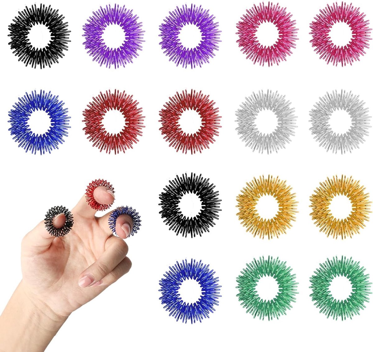 Set van 16 Acupressure Ringen voor Stressverlichting, Verbeterde Bloedcirculatie en Vinger Massage in 8 Kleuren
