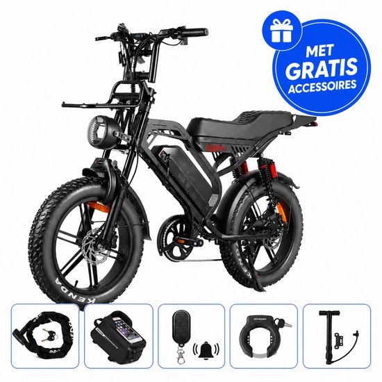 Zwarte fatbike met dikke banden, een voorrekje, een koplamp en een zadel. Ernaast accessoires: slot, telefoonhouder, afstandsbediening, alarmsysteem, beugel en fietspomp.