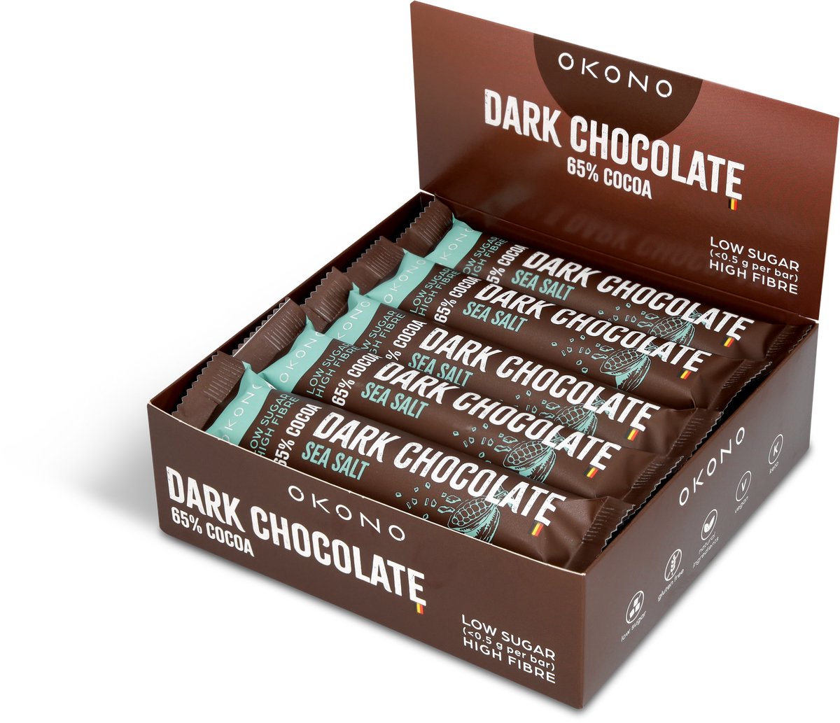 OKONO Dark Chocolate Seasalt Display - 20 Repen Pure Chocolade Zeezout - Zonder Toegevoegde Suikers - Keto Chocoladereep met 23 g Vezels per 100 g - Glutenvrij en Vegan