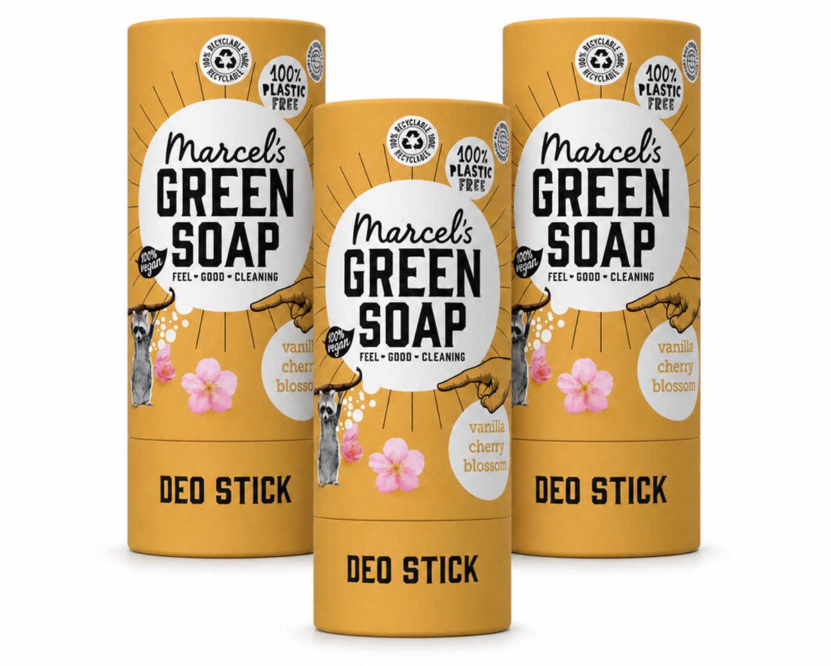 3 x Marcel's Green Soap - Deodorant Stick - Vanille & Kersenbloesem - Langdurige frisheid - 40 gr - Bulkverpakking - 3 stuks