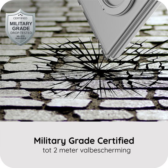 Transparant hoesje op stenen ondergrond met Military Grade certificaat voor 2 meter valbescherming.