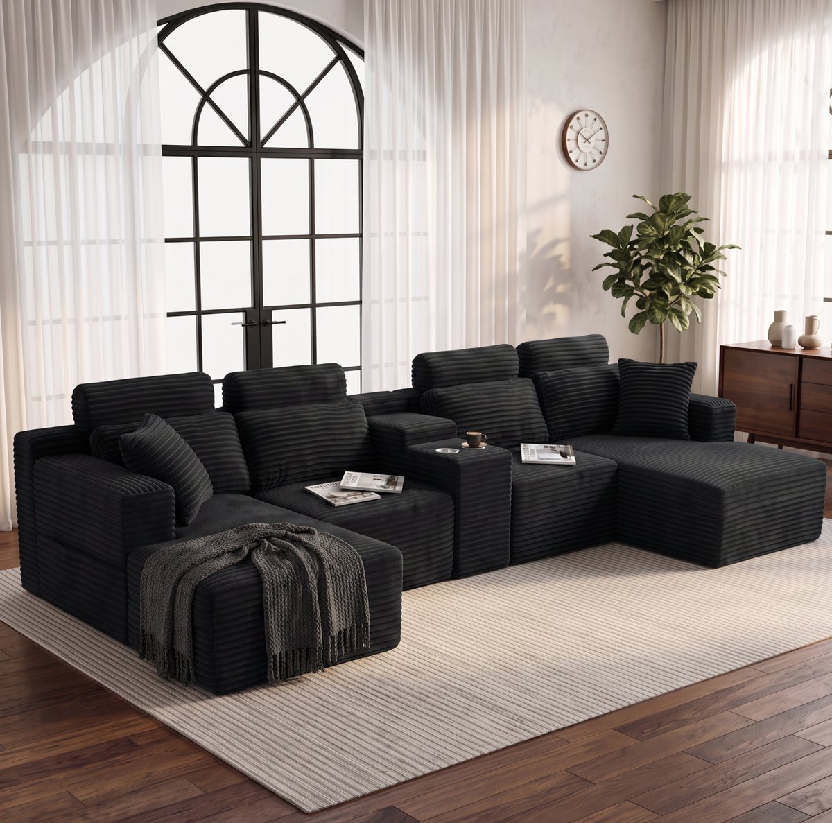 REDOM - U-bank - Modulaire opstelling met losse zitelementen - Met ingebouwde dubbele bekerhouders - Ribfluweel - Woonkamer - Zwart - 372 x 151 x 80 cm