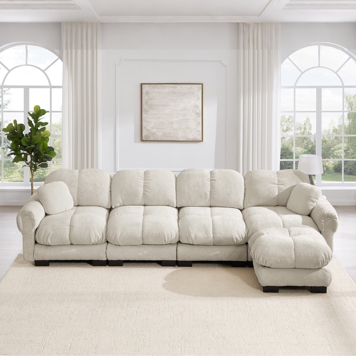 Wishdor Hoekbank - Vierzits met mobiele ottomane - Modulair L-vormig ontwerp - Gecapitonneerde zitkussens - Chenille stof - Woonkamer - Licht kaki - 330 x 149 x 90 cm